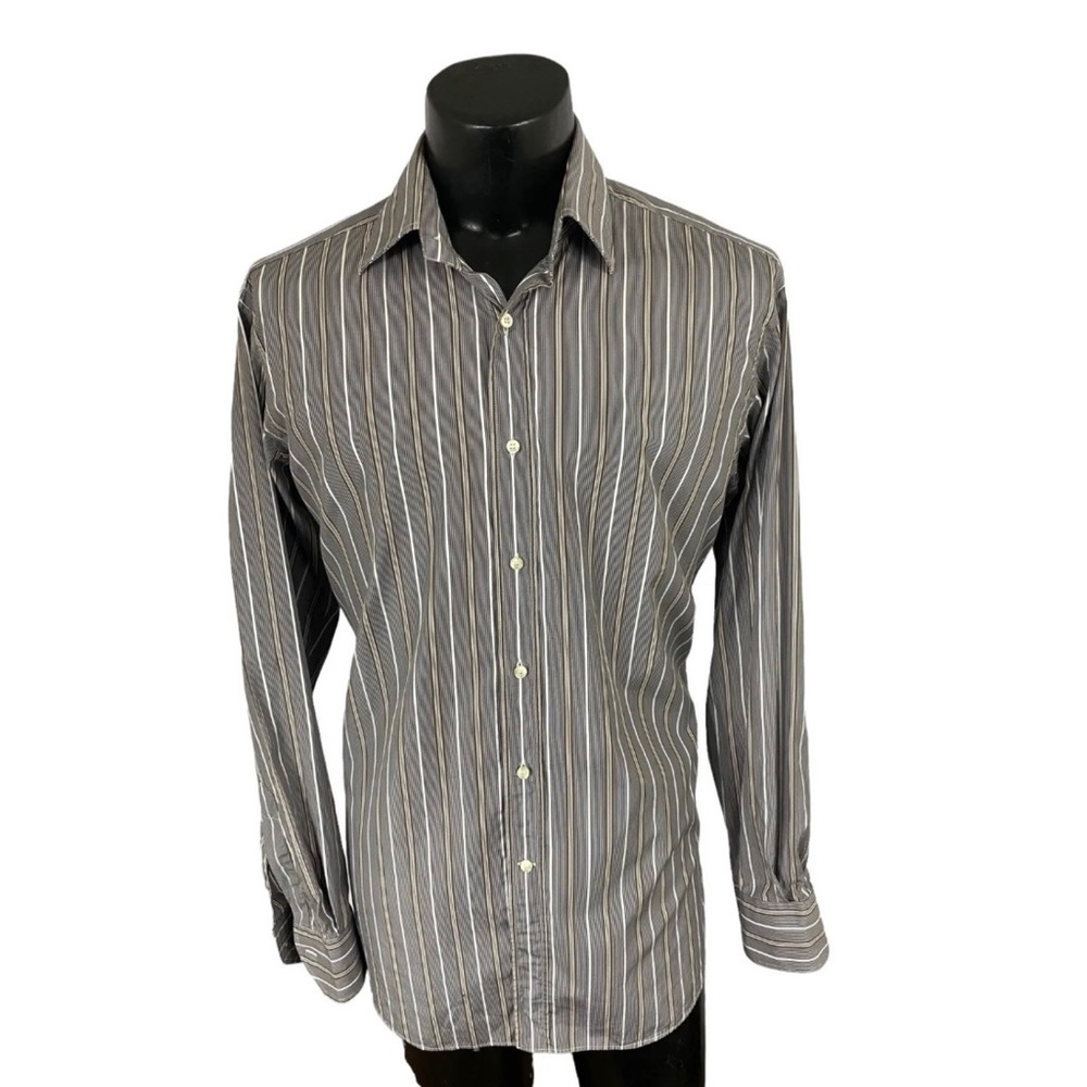 Etro Milano Spa Mens Button Down Shirt Striped Gray Brown 42 L Italy Cotton